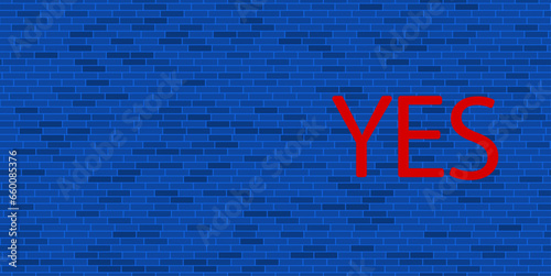 Blue Brick Wall with large red yes symbol. The symbol is located on the right, on the left there is empty space for your content. Vector illustration on blue background