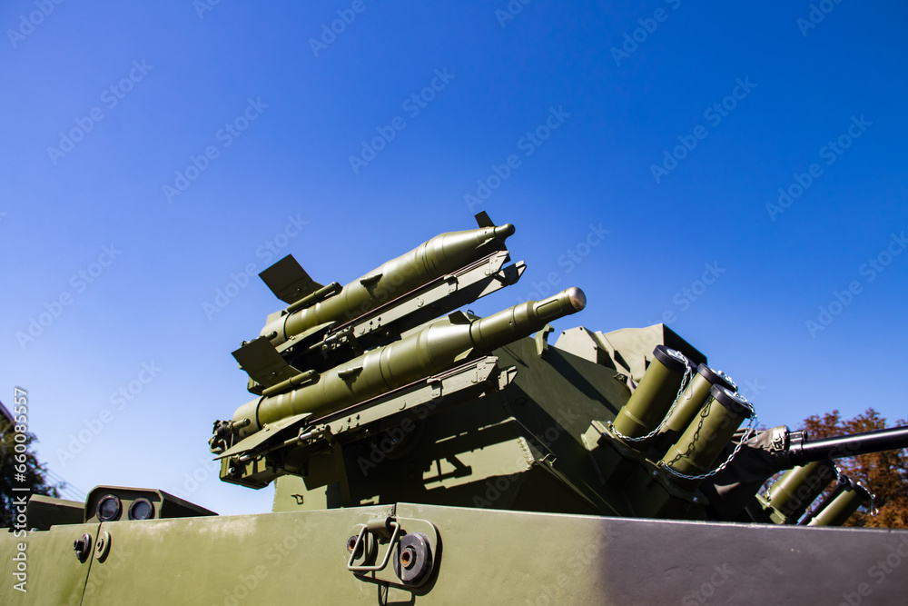 Modern sophisticated air defense missile system and rockets on self propelled launching weapon, exposed at arms international weapons fair in Belgrade Modern sophisticated air defense missile system and rockets on self propelled launching weapon, exposed at arms international weapons fair in Belgrade