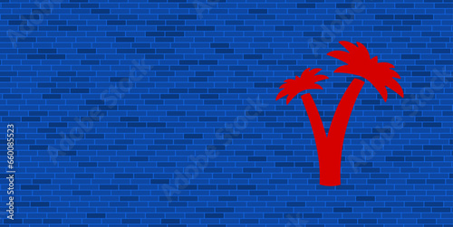 Blue Brick Wall with large red palm trees symbol. The symbol is located on the right, on the left there is empty space for your content. Vector illustration on blue background