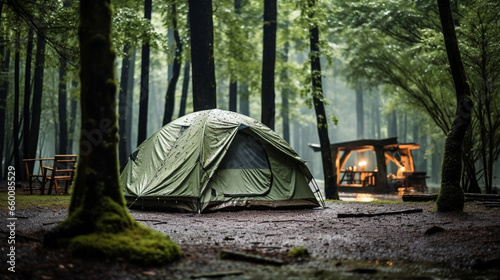 Camping tent in the forest. Camping in the forest.