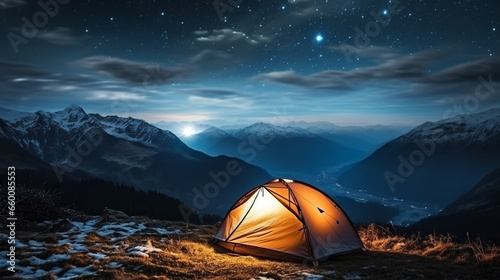 Tourist tent in the mountains at night with starry sky.