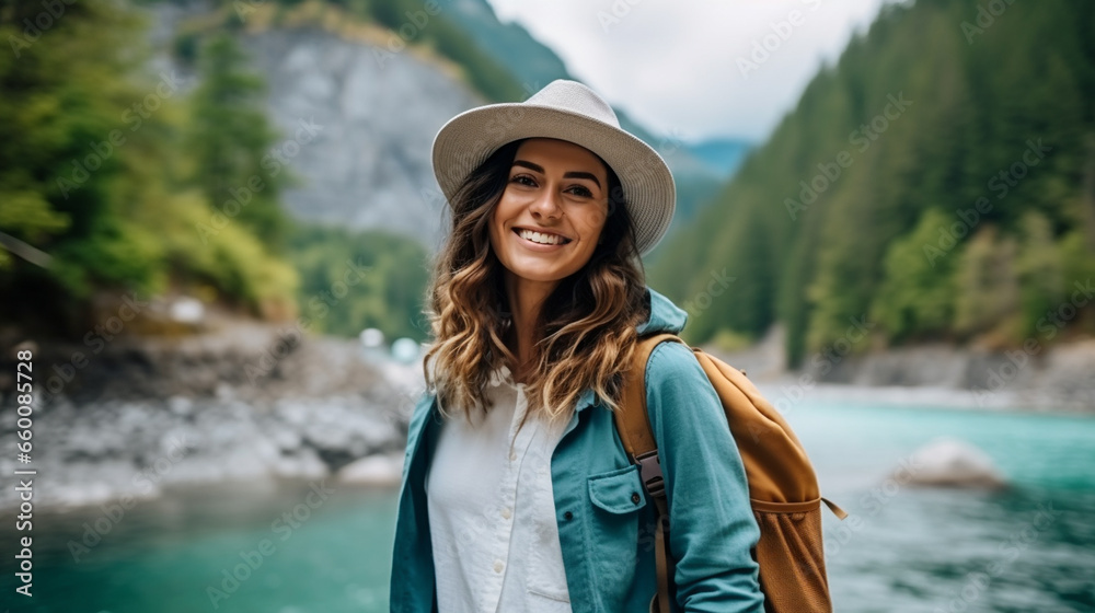 Beautiful young woman with backpack on the background of a mountain river.