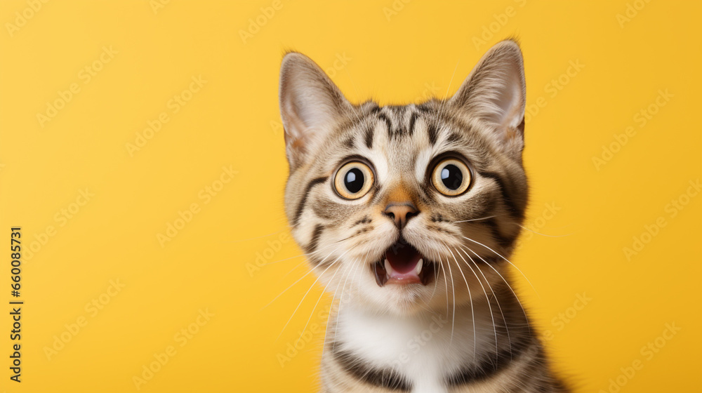 Surprised cat make big eyes closeup on yellow background Surprised cat make big eyes closeup on yellow background
