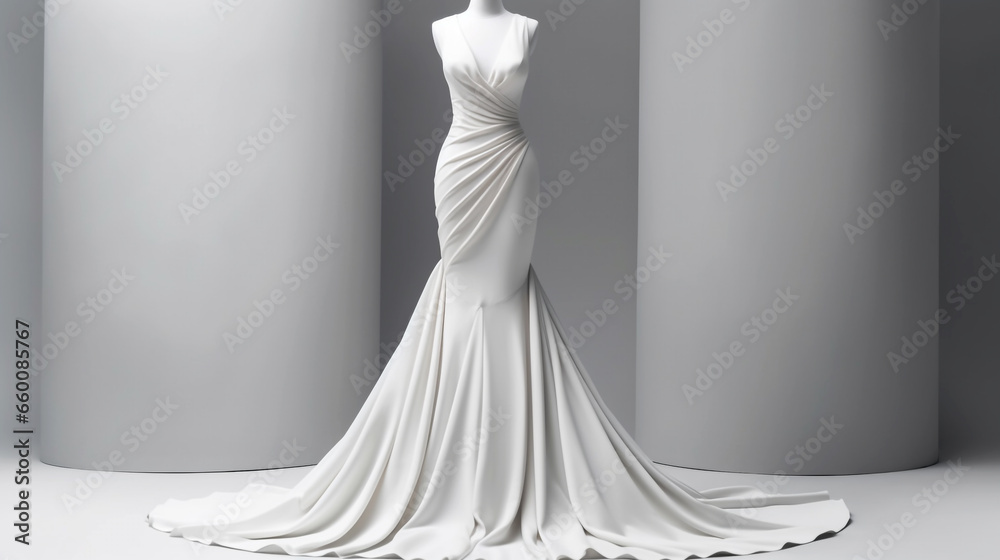 An elegant white bridal gown displayed on a mannequin, epitomizing sophistication in bridal attire.