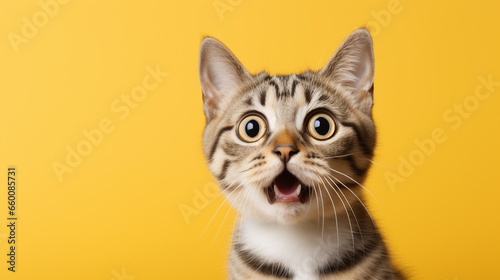 Surprised cat make big eyes closeup on yellow background