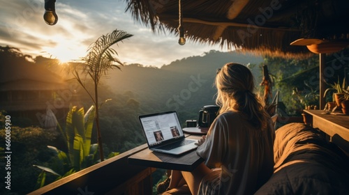 Young woman digital nomad engaging in remote work outside photo