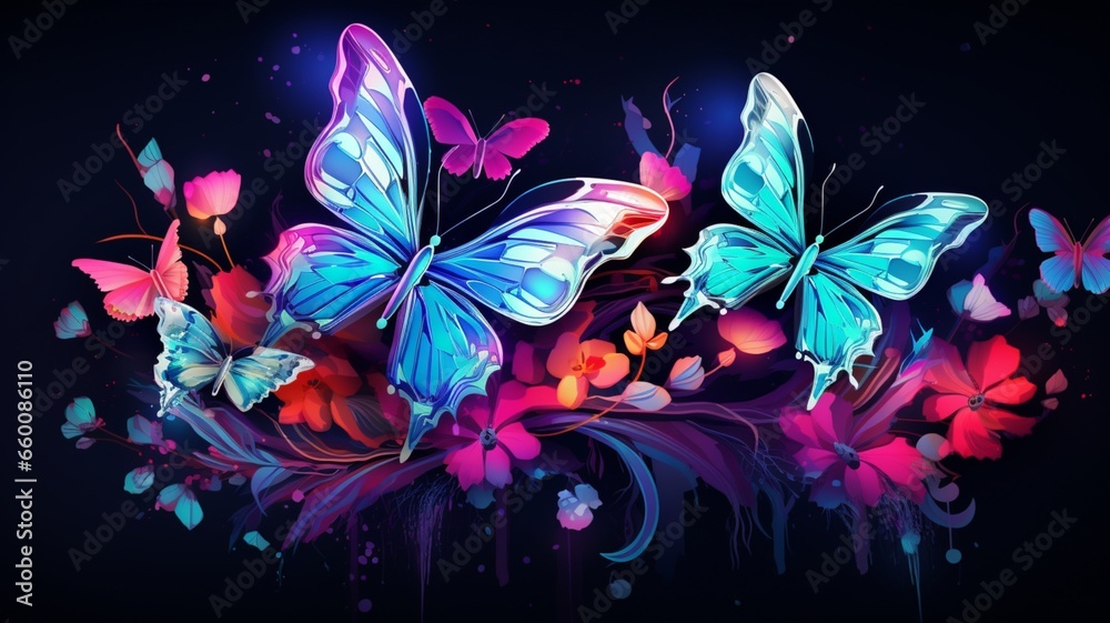 Obraz premium Flowers with butterflies design neon illustration beautiful image Ai generated art