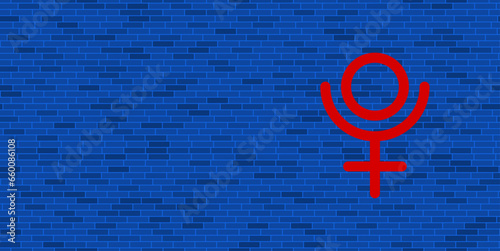 Blue Brick Wall with large red astrological pluto symbol. The symbol is located on the right, on the left there is empty space for your content. Vector illustration on blue background