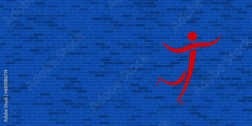 Blue Brick Wall with large red figure skating symbol. The symbol is located on the right  on the left there is empty space for your content. Vector illustration on blue background