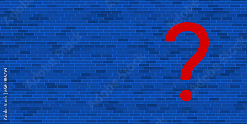 Blue Brick Wall with large red question symbol. The symbol is located on the right, on the left there is empty space for your content. Vector illustration on blue background