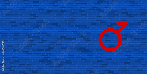 Blue Brick Wall with large red demiboy symbol. The symbol is located on the right, on the left there is empty space for your content. Vector illustration on blue background