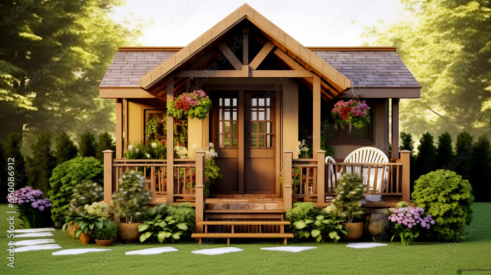 An oasis for your pet - a cozy wooden dog house surrounded by a lush backyard garden, a retreat for relaxation.