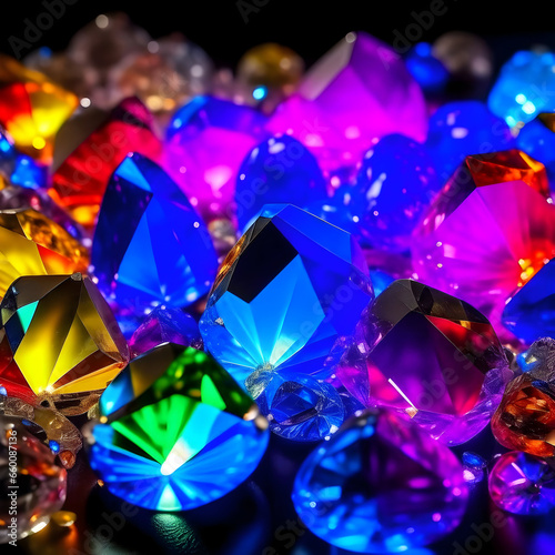 Illuminated Gems. Close-Up View of Faceted Quartz Crystals Bathed in Colorful Light. AI-generated content