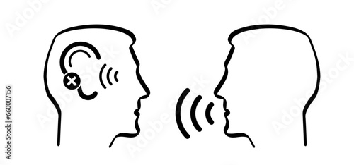 Hearing Loss. Communication problem with hearing impaired person. Hard hearing aid for the deaf editable. disability and deafness, voice sign. Plug for the medical problem. Hearing amplifier icon. 
