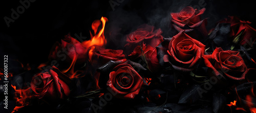 Fototapeta Naklejka Na Ścianę i Meble -  Red roses on a black background with a lot of smoke and fire