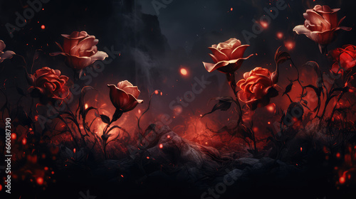 Fototapeta Naklejka Na Ścianę i Meble -  Red roses on a dark background. Fantasy.