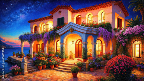 Beautiful house surrounded by flowers at night, mediterranean architecture oil painting on canvas. © Cobalt