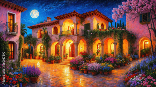 Beautiful house surrounded by flowers at night, mediterranean architecture oil painting on canvas.