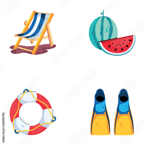 Set of Beach Elements Flat Icons 

