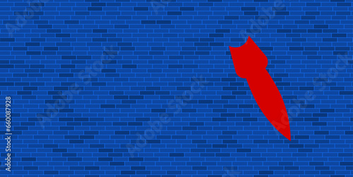 Blue Brick Wall with large red falling rocket symbol. The symbol is located on the right, on the left there is empty space for your content. Vector illustration on blue background