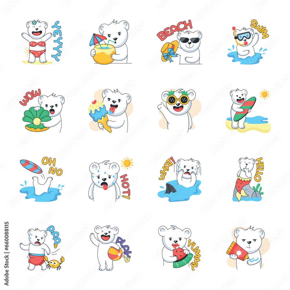 Cute Collection of Beach Bears Flat Stickers 


