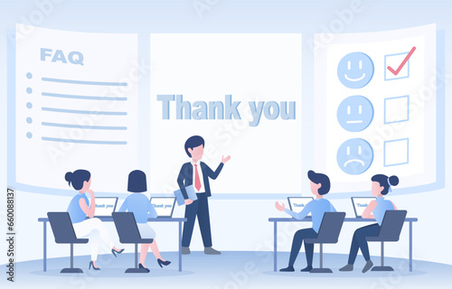 Business ideas and discussion in conference room at the end of the presentation. Business people ask question, answer, survey, give opinions, solve problems and say “thank you”. Vector illustration.