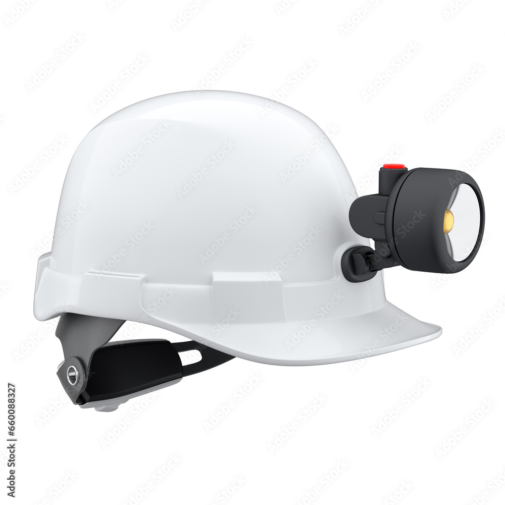 Fototapeta premium White safety helmet or hard cap with flashlight isolated on wihte background