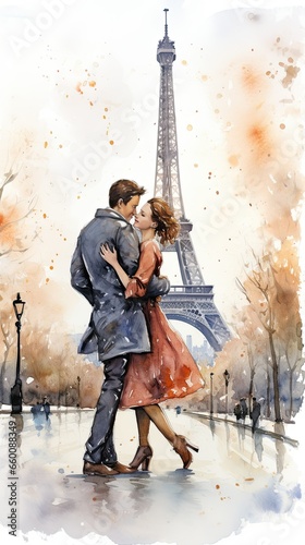 Romantic watercolor illustration of a man and a stylishly dressed woman looking at each other with love against the backdrop of the Eiffel Tower, in France, Valentine's Day