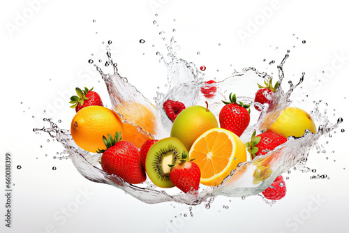 Water swirl wave splash with falling mix berries and fresh fruits isolated on white background  Tropical juice or cocktail drinks  summer beverage concept.