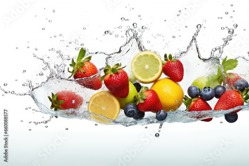 Water swirl wave splash with falling mix berries and fresh fruits isolated on white background  Tropical juice or cocktail drinks  summer beverage concept.