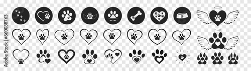Heart paw icon vector set. Dog paw illustration sign collection. love dog symbol.