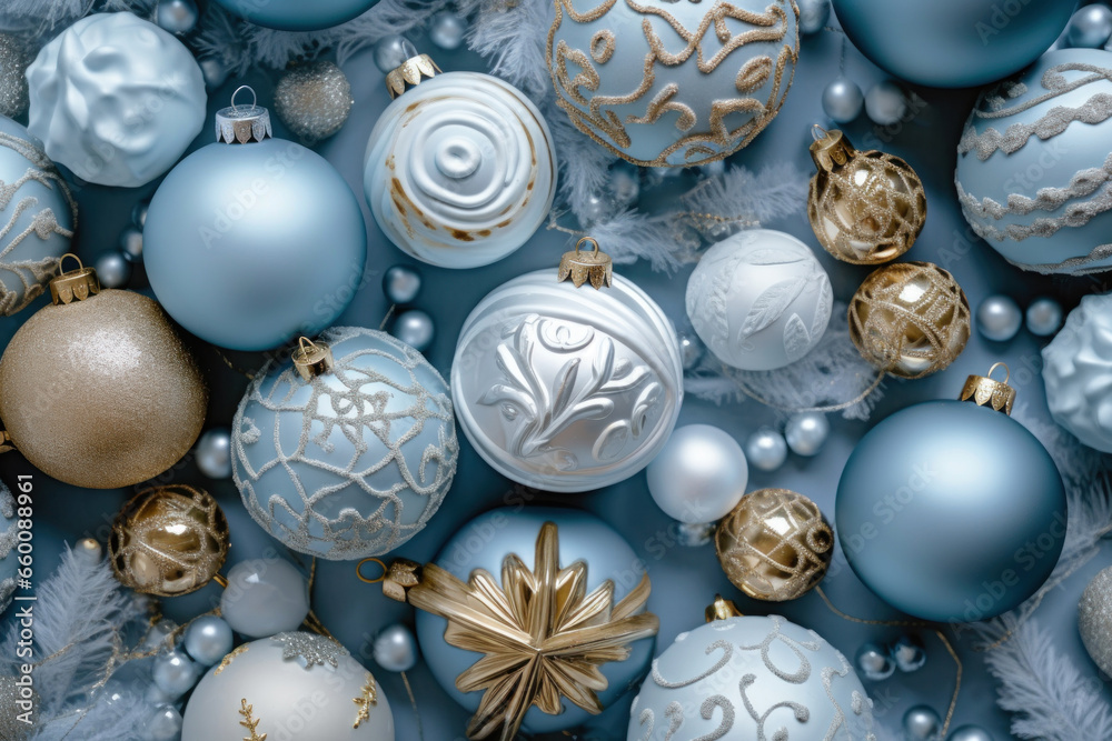 Christmas and New Year arrangement of patterned white, blue, golden Christmas balls on blue. Christmas and New Year arrangement of patterned white, blue, golden Christmas balls on blue.