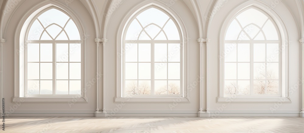 a minimalist white living room with arched windows and an empty wall
