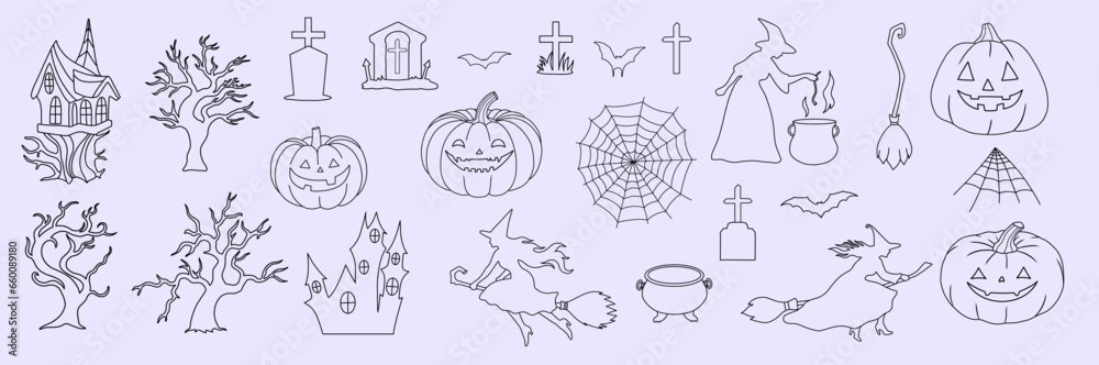 Obraz premium Spooky Cartoon Halloween Vector, Vector Halloween Decorations, Witch, Pumpkins, Jack o Lantern, Witch House, Spooky Tree, Spiderweb, Graveyard, Cauldron, Broom, Haunted House