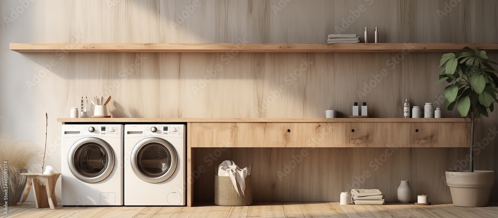 a laundry room with gray interior sink washing machines potted tree shelves and wooden wall fragment Side view - obrazy, fototapety, plakaty 
