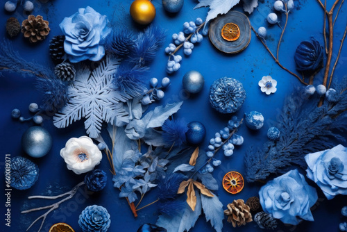 Fantasy creative flat lay Christmas or New Year layout with Xmas blue and white decoratios on blue.