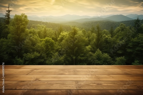 Wooden table background with landscape of forest. wooden, table, wood, forest, landscape, nature, tree, background, empty, light, sky, sun, summer, design, floor. Generative AI image weber.