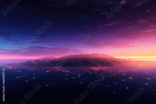 Futuristic abstract background with connection lines and mountains.