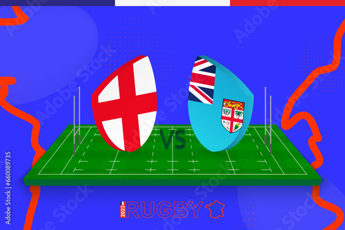 Rugby team England vs Fiji on rugby field. Rugby stadium on abstract background for Quarter-final of international championship.