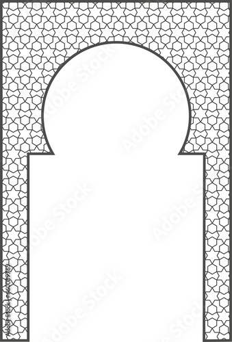 Islamic frame with arch and ornament. Ramadan gate on geometric background for wedding invitation design. Oriental decoration photo