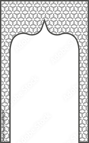 Islamic frame with arch and ornament. Ramadan gate on geometric background for wedding invitation design. Oriental decoration photo