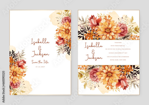 Orange and pink peony and rose wedding invitation card template with flower and floral watercolor texture vector