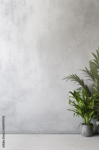 Branches with green leaves at edge on concrete wall. Stylish background. Advertising board, poster mockup for design. Empty template with white grey wall background, green exotic foliage, palm leaves.