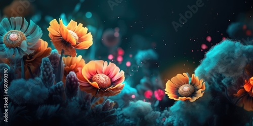 Beautiful abstract coral, turquoise, and yellow night photo floral design background banner. beautiful Generative AI AIG32