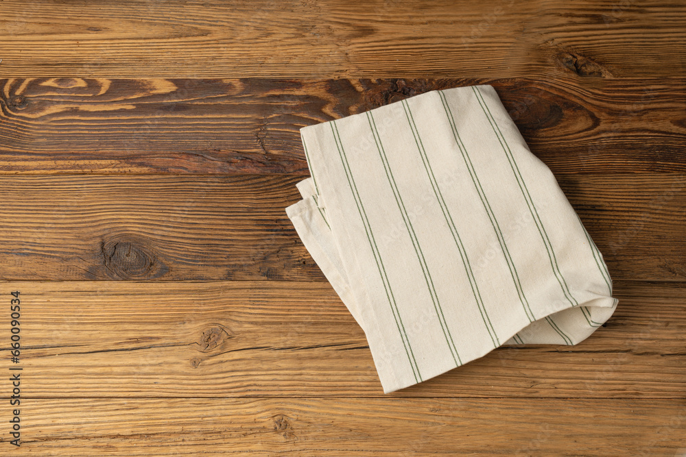 Kitchen Napkin Mockup, Striped Towel on Wooden Table with Copy Space for Text, Tablecloth Banner