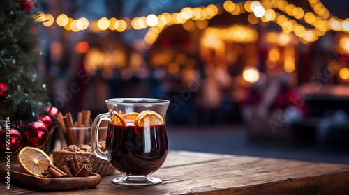 Traditional mulled wine in a glass mug on an empty tabletop at Christmas street fair with bright lights and festive atmosphere