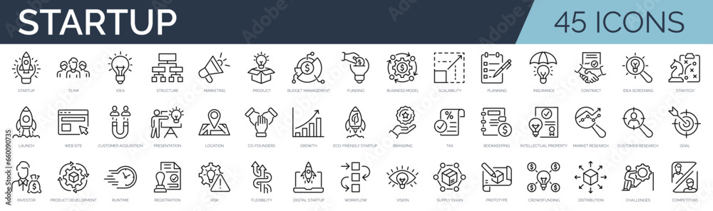 Set of 45 outline icons related to startup. Linear icon collection. Editable stroke. Vector illustration