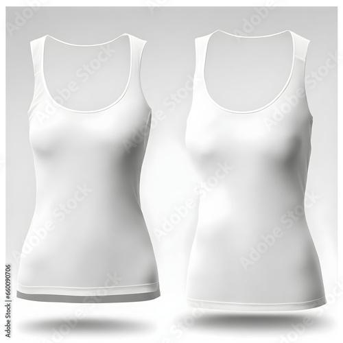 Stylish white tank top mock up template, front and back view, isolated on white. Simple and elegant sleeveless shirt design presentation for print.