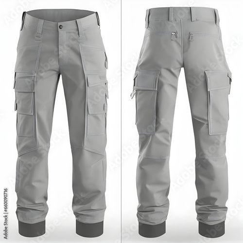 Stylish gray cargo pants mock up template, front and back view, isolated on white. Trendy and functional pants design presentation for print.

