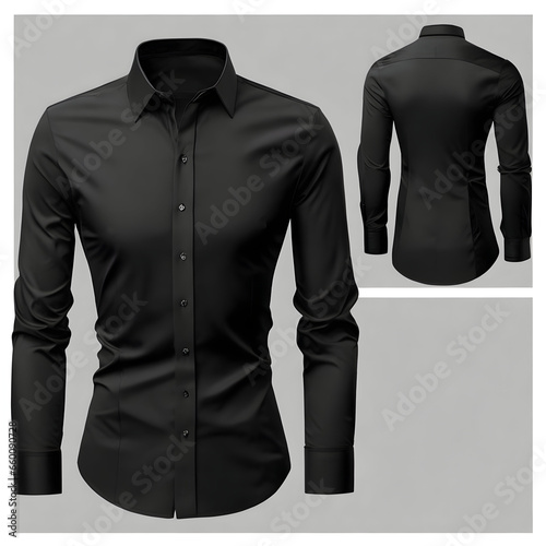 Formal black dress shirt mock up template, front and back view, isolated on white. Elegant and professional shirt design presentation for print.